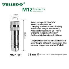 M12P-F05T - M12 5 Pin Dişi Düz Metal Konnektör - Velledq