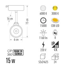 Cata 15W Hermes Ledli Ray Armatür CT-5338 - Gün Işığı