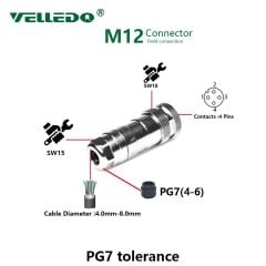 M12P-F03T - M12 3 Pin Dişi Düz Metal Konnektör - Velledq